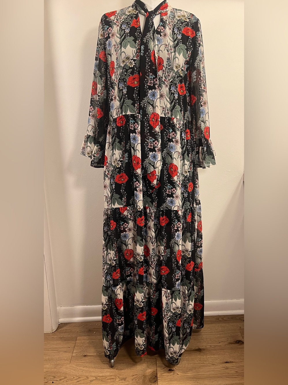 Tie-Neck Floral Maxi Dress in Black Red Blue and Green